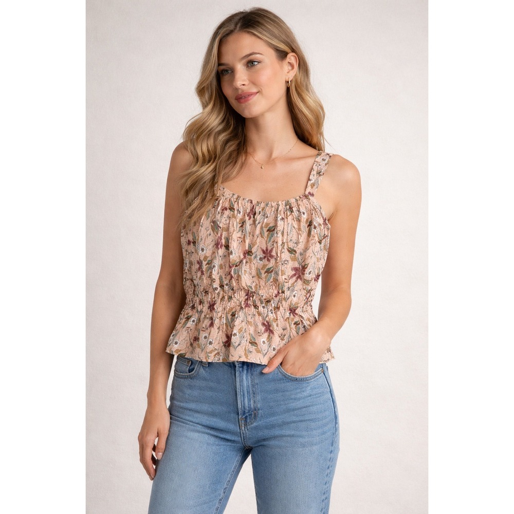 Universal Thread XXL Blush Floral Smocked Peplum Cotton Tank Top Blouse New